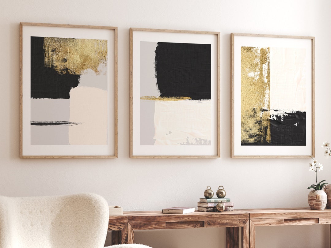 Black and Gold Abstract Wall Art · Set of 3 Prints · Black and Beige ...