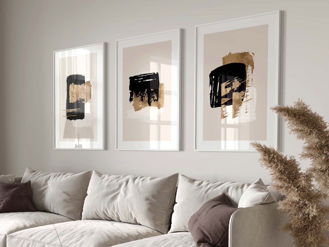Black and Gold Wall Art, Set of 3 Prints, Beige Wall Art, Abstract Art