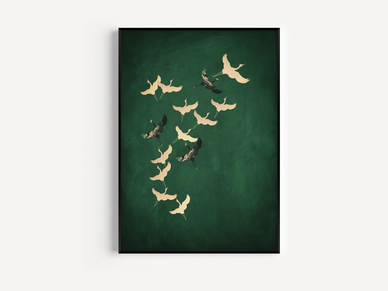 Green and Gold Japanese Wall Art Cranes Japanese Print Emerald Green Decor Maximalist Wall Art Eclectic Decor, Large Wall Art, Birds image 10