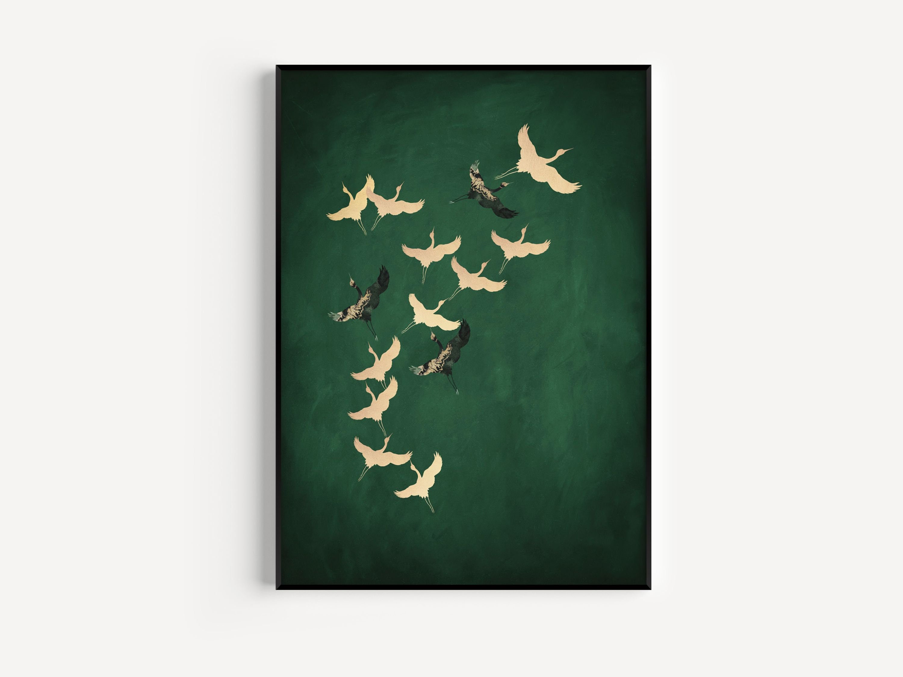 Emerald Green and Gold Japanese Large Wall Art, Japanese Tsuru