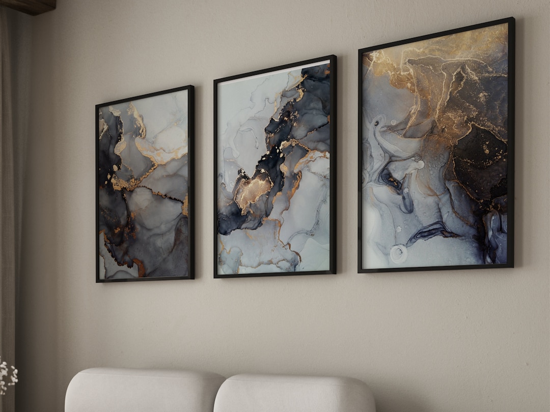 Grey and Gold Abstract Wall Art · Set of 3 Prints · Black and Gold Wall ...