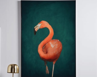 Flamingo Art Print · Pink Flamingo Poster · Large Wall Art · Botanical Print · Pink and Green Wall Art · Maximalist Decor