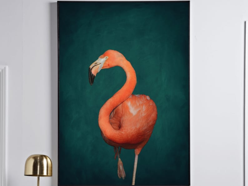 Flamingo Art Print Pink Flamingo Poster Large Wall Art Botanical Print Pink and Green Wall Art Maximalist Decor image 1