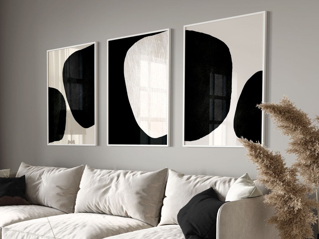 Mid Century Modern Wall Art Set of 3 Prints, Black & Beige Wall Art ...