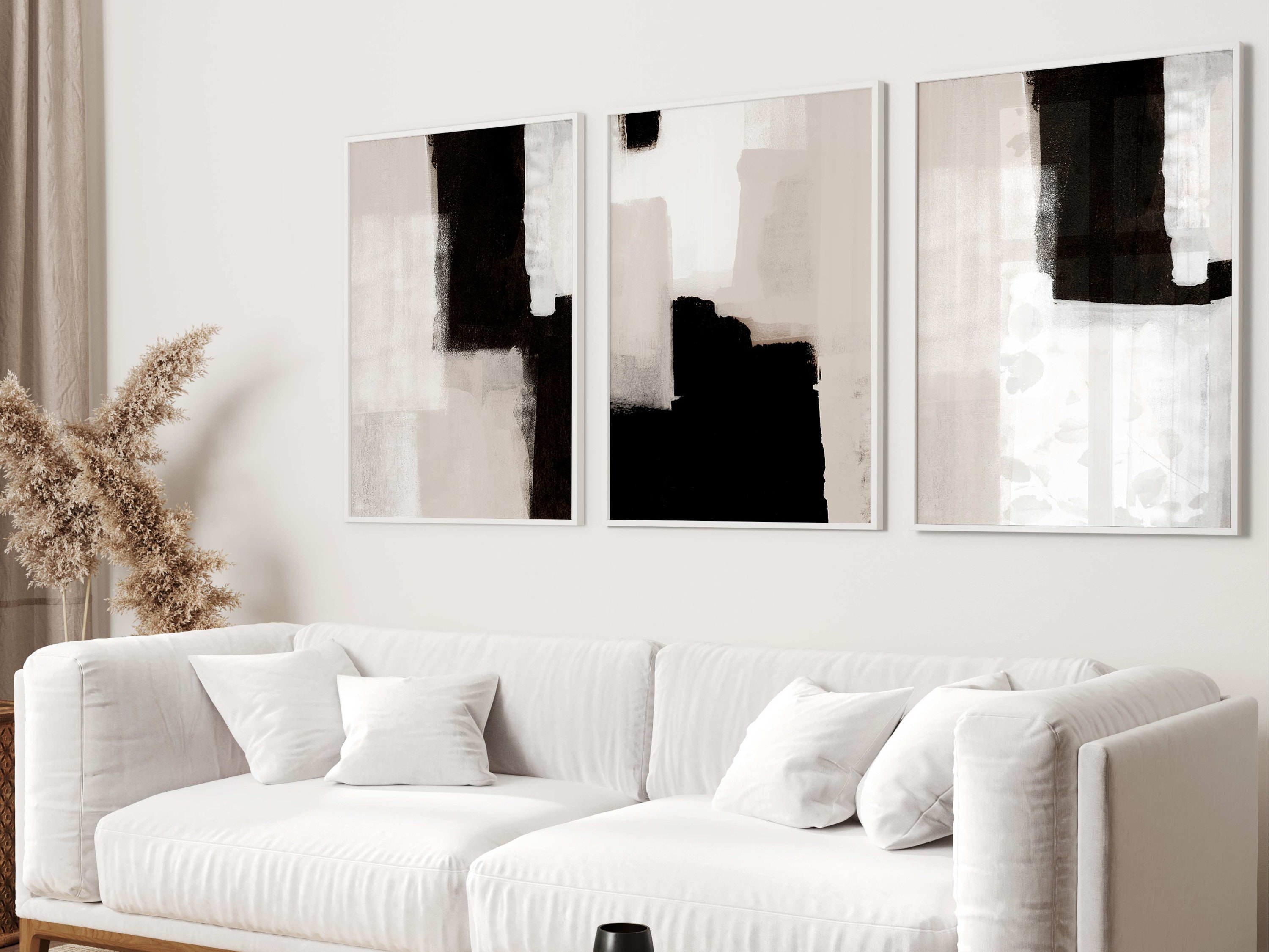Neutral Abstract Wall Art, Set of 3 Prints, Painting, Black and Beige ...