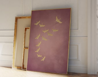 Pink and Gold Japanese Wall Art, Flying Cranes Japanese Print, Maximalist, Eclectic, Large Wall Art, Birds, Living Room Decor, Bedroom