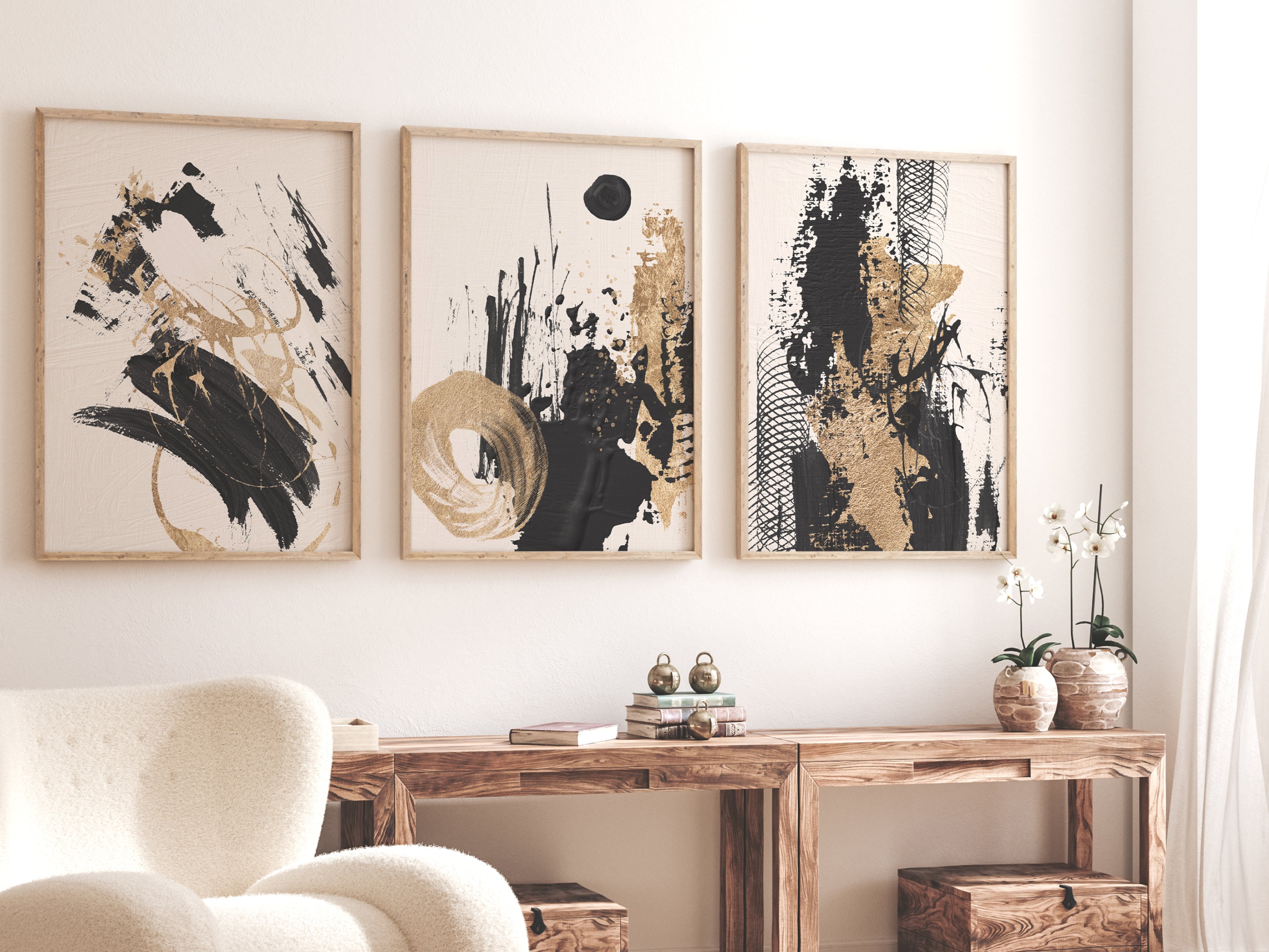 Black Gold Beige Wall Art Set of 3 Prints · Abstract Art · Neutral Wall ...