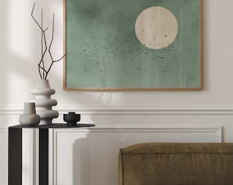 Lámina de arte mural con pájaros voladores en verde salvia, sol, arte japandi, paisaje abstracto, decoración de sala de estar, grande, japonés, dormitorio, sobre cama
