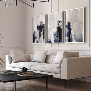 Set di 3 stampe blu indaco, arte astratta, set da parete per galleria blu scuro, marina, arredamento soggiorno, poster di pittura astratta, grande arte da parete