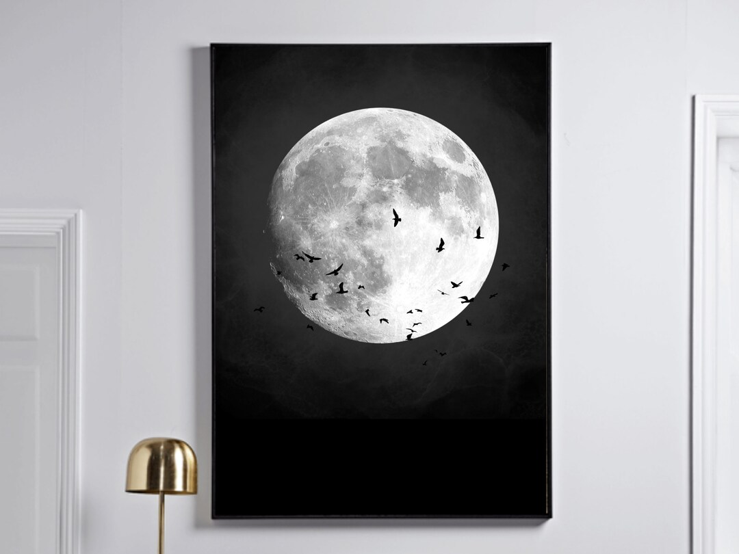 Moon Art Print Black and White Wall Art DIGITAL DOWNLOAD Birds
