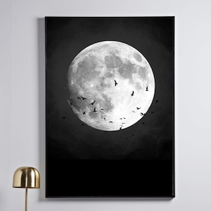Moon Art Print · Black and White Wall Art DIGITAL DOWNLOAD Birds Silhouette Moon Poster · Printable Wall Art ·Bedroom Wall Decor, Wall Decor