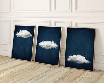 Indigo Cloud Prints, Set of 3 Prints, Dark Blue Wall Art, Gallery Wall Set · Surreal Art, Abstract Art, Maximalist Decor, Living Room, Large