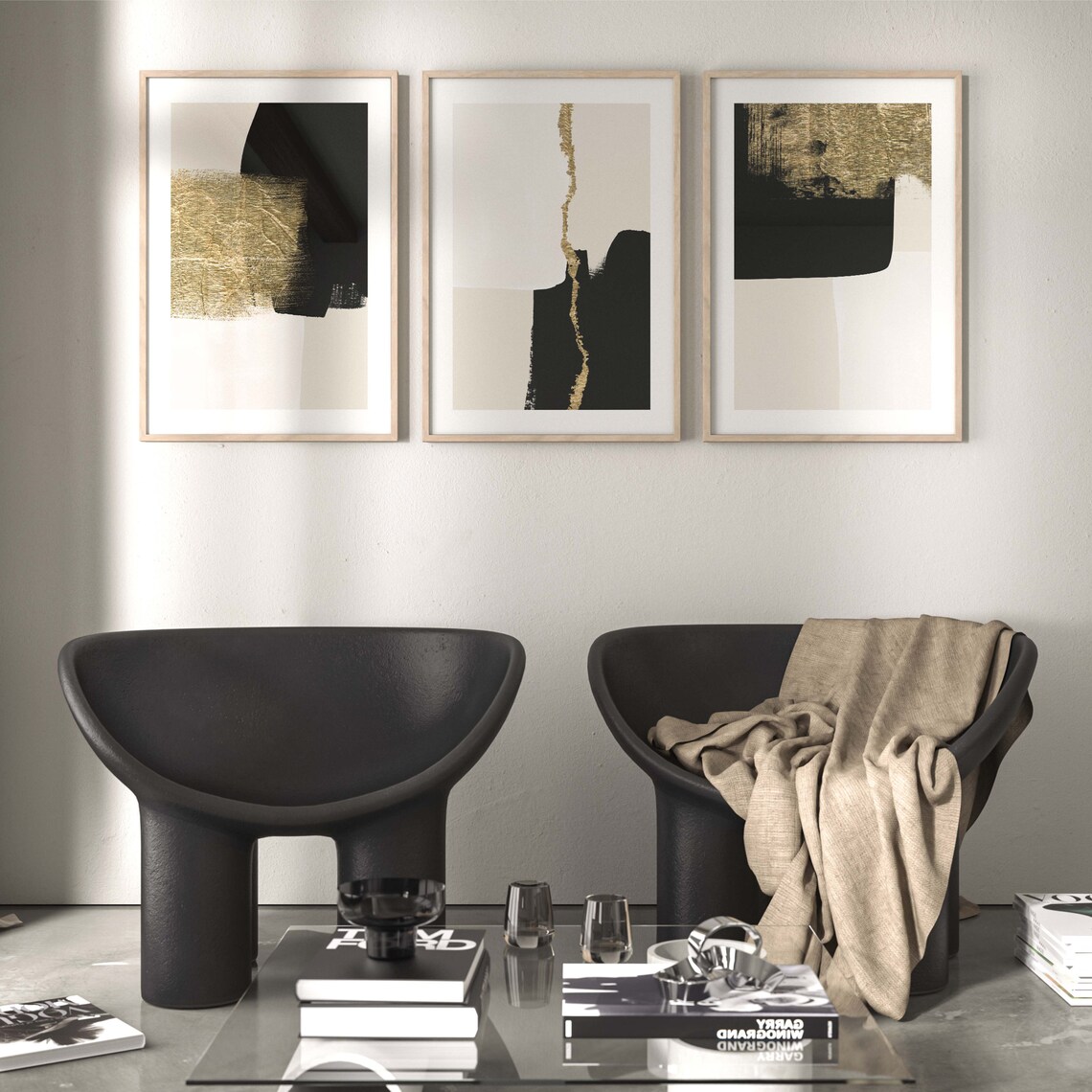 Black and Gold Wall Art · Set of 3 Prints · Black and Beige Wall Art ...