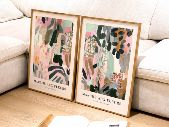 Flower Market Prints, Colourful Wall Art, Set of 2 Prints, Pink and Green, Flower Marker Poster, Maximalist, Living Room Decor, Botanical
