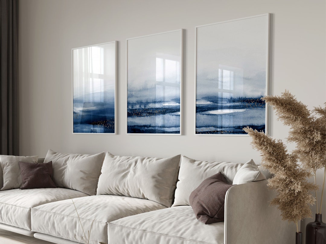 Blue and Gold Set of 3 Prints · Dark Blue Decor, Landscape Watercolour ...