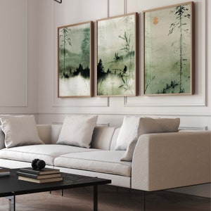 Japanese Wall Art Print, Sage Green Decor, Set of 3 Prints, Japandi Art, Mountain Wall Art, Minimalist, Watercolor Painting, Large