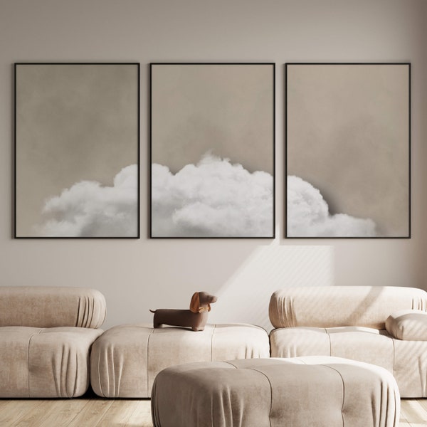 Neutral Cloud Wall Art, Set of 3 Prints, Triptych, Minimalist, Textured, Wall Decor over the Bed, Painting, Large, Zen, Wabi Sabi, Boho