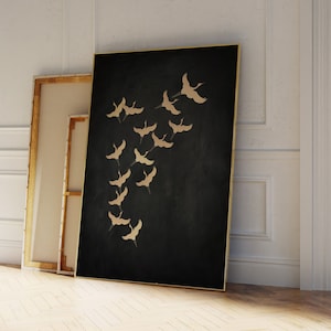 Black and Gold Japanese Wall Art · Cranes Japanese Print · Maximalist, Eclectic Decor, Large Wall Art, Birds, Flock, Living Room, Bedroom