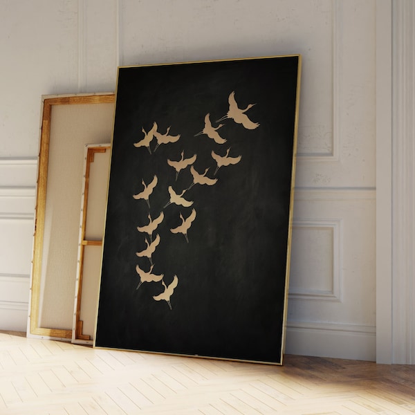 Black and Gold Japanese Wall Art · Cranes Japanese Print · Maximalist, Eclectic Decor, Large Wall Art, Birds, Flock, Living Room, Bedroom