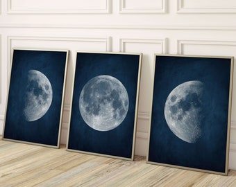 Blue Moon Wall Art Prints, Set of 3 Prints, Navy Living Room Decor, Moon Poster, Minimalist, Moon Phases, Large Wall Art, Celestial Witchy