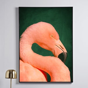 Póster de flamenco rosa · Impresión artística de flamenco · Arte mural grande · Impresión botánica · Arte mural rosa y verde · Decoración maximalista · Arte mural moderno