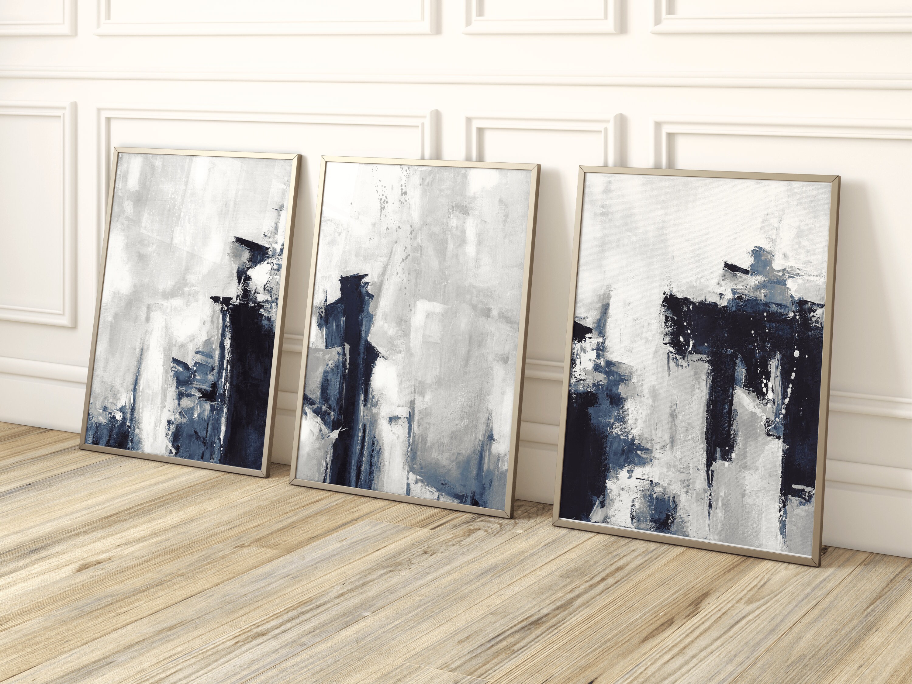Blue Abstract Wall Art Prints, Set of 3 Prints, Navy Blue, Grey, Living ...