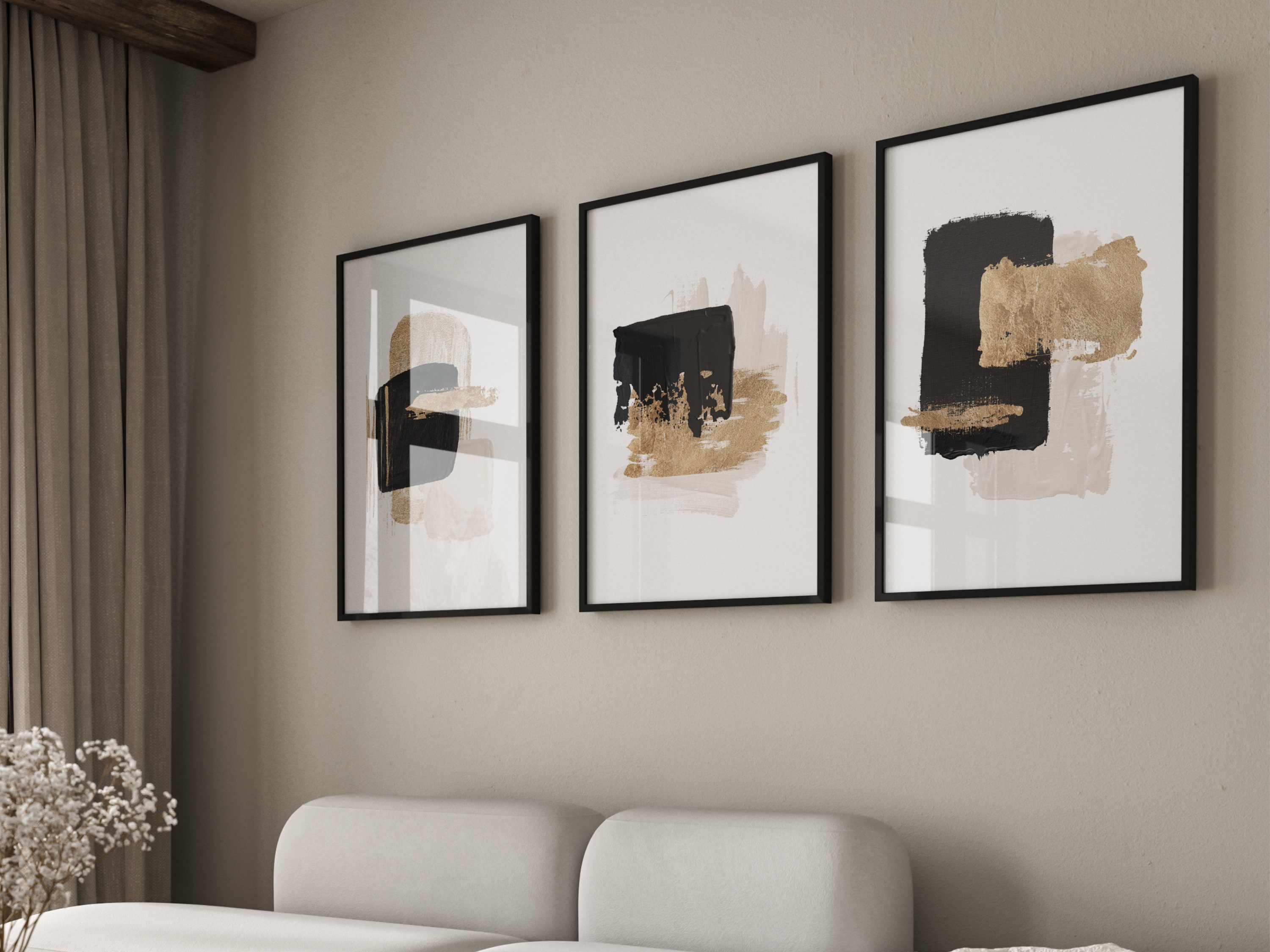 Black and Gold Wall Art Set of 3 Prints · Abstract Art · Minimalist ...