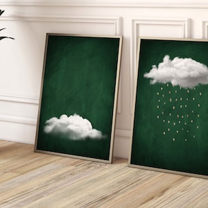 Green and Gold Cloud Wall Art, Set of 2 Prints, Rain Print, Abstract Art, Emerald Green Decor, Bedroom Decor, Living Room Decor, Above Bed