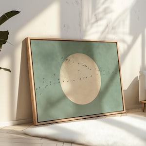 Sage Green Moon Canvas Wall Art Print, Flying Birds Framed Art, Large Living Room Decor, Minimalist Japandi Decor, Sky Art Print