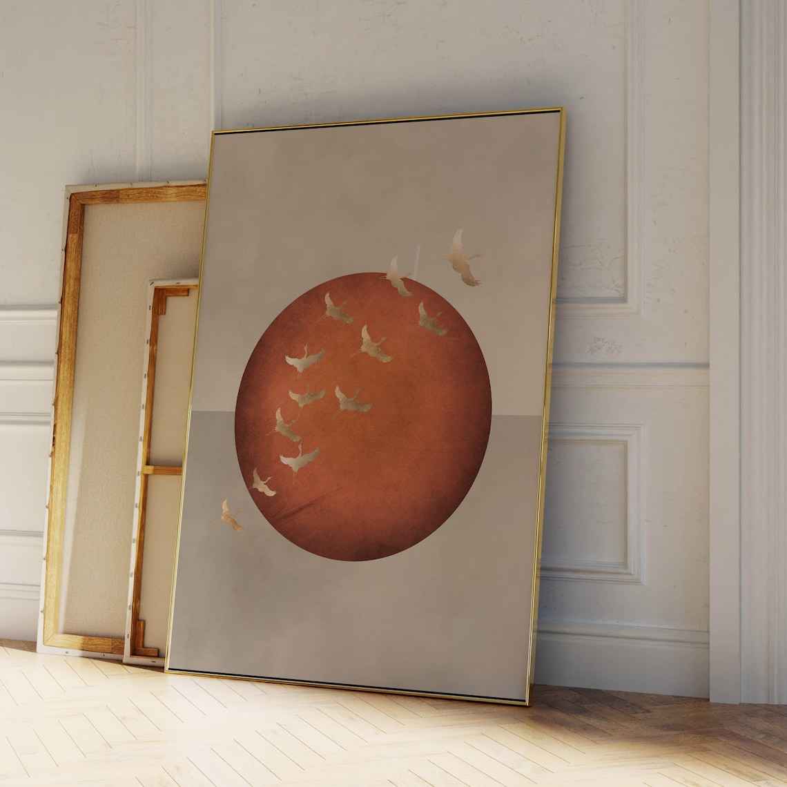 Rust and Gold Japanese Wall Art, Japanese Tsuru Crane Flying Birds ...