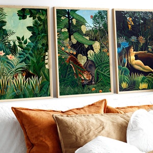 Henri Rousseau Conjunto de 3 grabados · La selva ecuatorial · Impresiones botánicas · Arte de pared verde esmeralda · Conjunto de pared de galería · Arte de pared verde oscuro