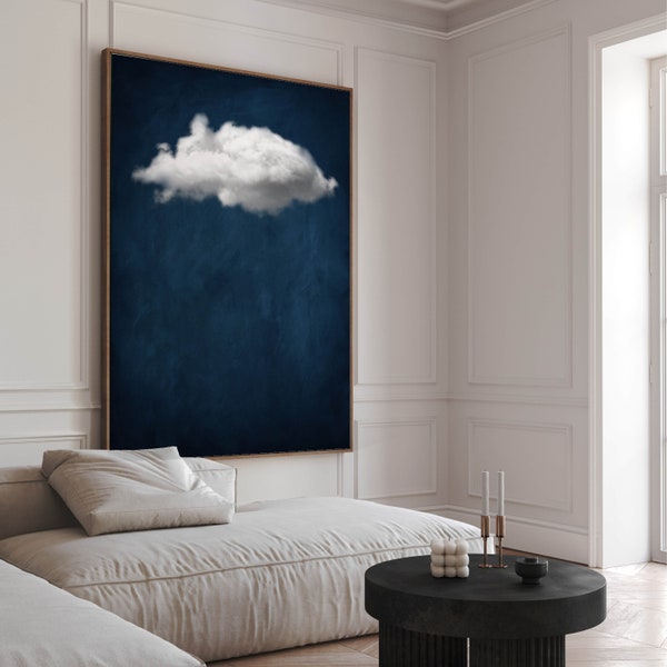 Art mural nuage bleu indigo encadré, impression d'art sur toile, giclée, grande oeuvre d'art murale, décoration surréaliste, art abstrait, décoration minimaliste, maximaliste