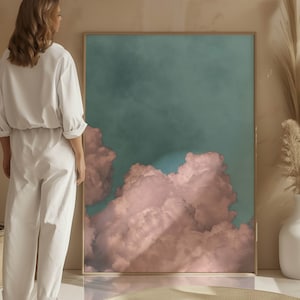 Impression d'art mural nuage bleu ciel, décoration rose poudré, affiche, art abstrait, décoration minimaliste, décoration de grand salon, art zen apaisant pour chambre à coucher
