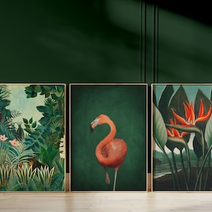 Maximalist Wall Art, Set of 3 Prints, Botanical, Rousseau, Flamingo Poster, Dark Emerald Green Decor, Gallery Wall Set, Large Wall Art