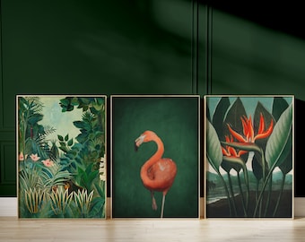 Arte mural maximalista, juego de 3 láminas, botánico, Rousseau, póster de flamenco, decoración verde esmeralda oscuro, juego de galería, arte mural grande