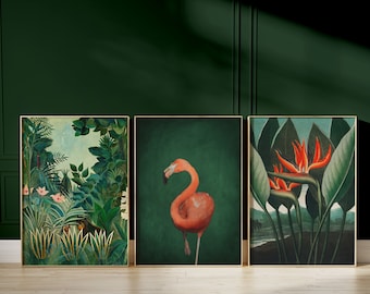 Arte de pared maximalista, conjunto de 3 grabados, botánico, Rousseau, cartel de flamenco, decoración verde esmeralda oscura, conjunto de pared de galería, arte de pared grande