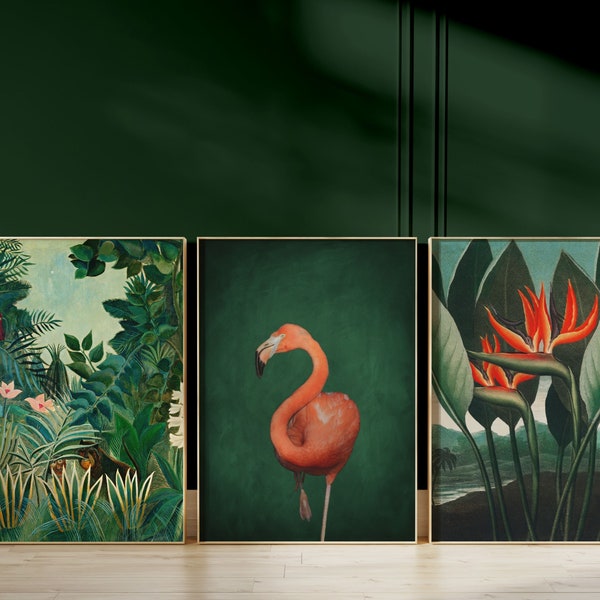 Maximalist Wall Art, Set of 3 Prints, Botanical, Rousseau, Flamingo Poster, Dark Emerald Green Decor, Gallery Wall Set, Large Wall Art