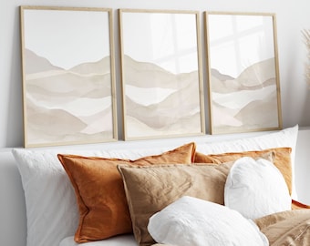 Beige bergstavla, set med 3 tryck, tavelväggsset, abstrakt poster, minimalistisk, vardagsrumsinredning, stor, neutral, landskap