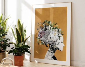 Colourful Wall Art, Flower Head Woman, Botanical Print, Floral Poster, Maximalist, Living Room, Large Wall Art, Mustard Yellow, Framed Art