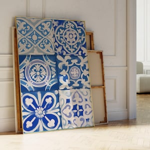 Decorazione da parete con piastrelle blu del Mediterraneo, stampa colorata, arredamento Costa Azzurra, stampa cucina, grande arte Cottagecore, arredamento casa colonica, stampa estiva