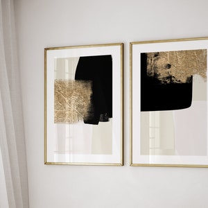 Black and Gold Wall Art Set of 2 Prints · Beige Wall Art · Neutral Art Print · Abstract Art · Japandi Decor · Minimalist Wall Art