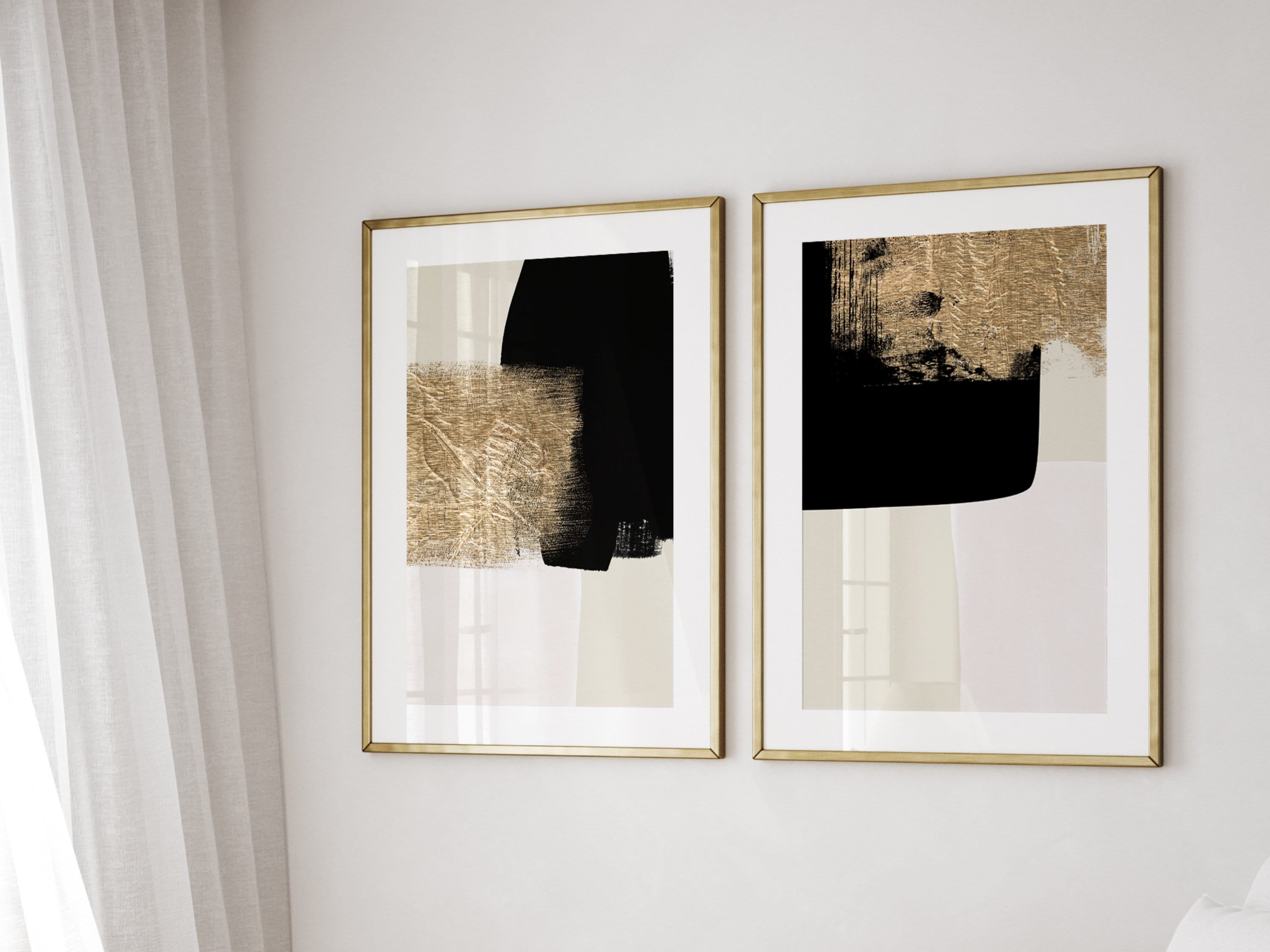 Black and Gold Wall Art Set of 2 Prints Beige Wall Art Etsy