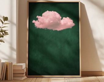 Smaragd Grün Rosa Wolke Wand Kunst Druck, Abstrakte Kunst, Minimalistische Wand Kunst, Dunkel Grün Maximalist Dekor, Großes Wohnzimmer Dekor, Himmel Kunst