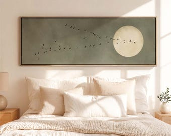 Olive Green Japandi Birds Wall Art, Earthy Moon Canvas, Large Panoramic Living Room Decor