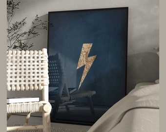 Lightning Bolt Print · Blue and Gold Wall Art · Dark Blue Decor · Abstract Art · Maximalist Decor · Living Room Decor · Navy Wall Art