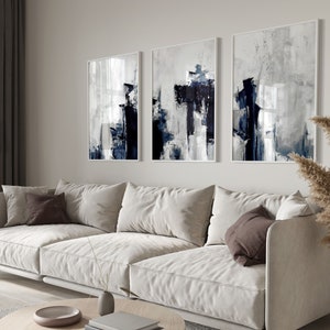 Conjunto abstracto azul de 3 impresiones, Arte abstracto, Juego de pared de galería, Azul oscuro, Decoración de pared de sala de estar, Póster de pintura abstracta, Arte de pared azul marino