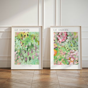Le Jardin Botanische Wandkunst, Set mit 2 Drucken, Blumenmarkt, rosa und grünes Dekor, abstrakte Malerei, großes Wohnzimmerdekor, Schlafzimmerkunst