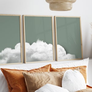 Conjunto de 3 impresiones de sage green art cloud, decoración verde salvia, decoración sobre la cama, decoración del dormitorio, póster de la nube, minimalista, japandi decor