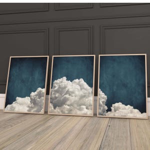 Arte murale vintage con nuvole blu, set di 3 stampe, arte malinconica, arredamento per soggiorno di grandi dimensioni, arredamento minimalista, stampa artistica del cielo notturno,
