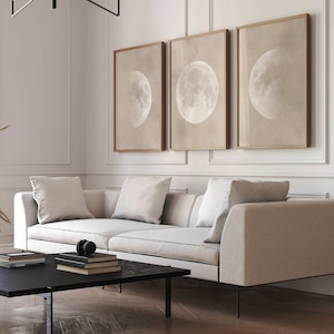 Beige Mond Wand Kunst Drucke, 3er Set Drucke, Wohnzimmer Dekor, Mond Poster, minimalistische Wandkunst, Japandi Kunst, Mondphasen, große Wandkunst